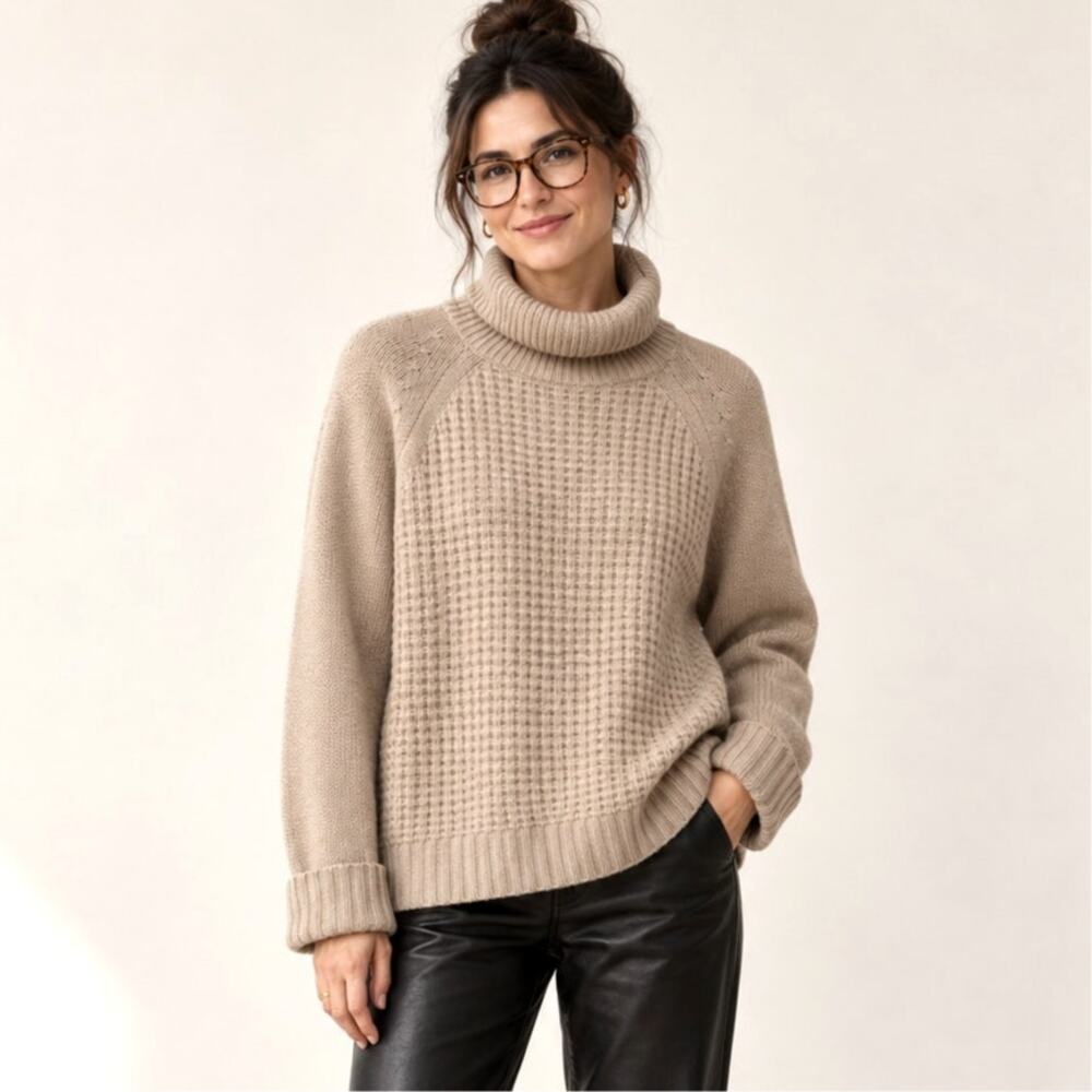 Nili Lotan S 100% Cashmere Turtleneck Waffle Knit Boxy Amaya Sweater Tan Taupe